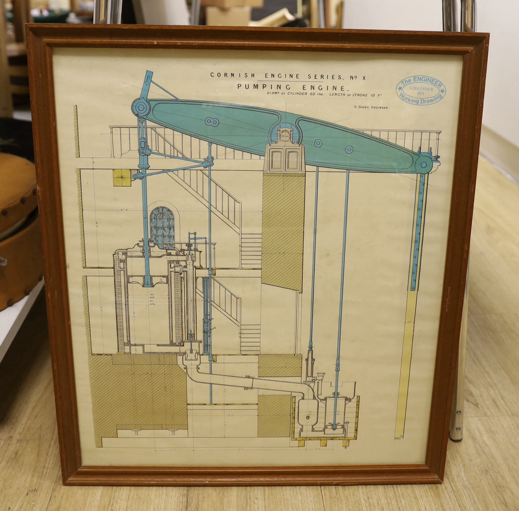 Five framed engineer’s drawings, printed supplements from The Engineer magazine, including; a Cornish Pumping Engine, North London Railway 4-wheel carriage, Sterling Single locomotive, etc. largest 58.5 x 85.5cm